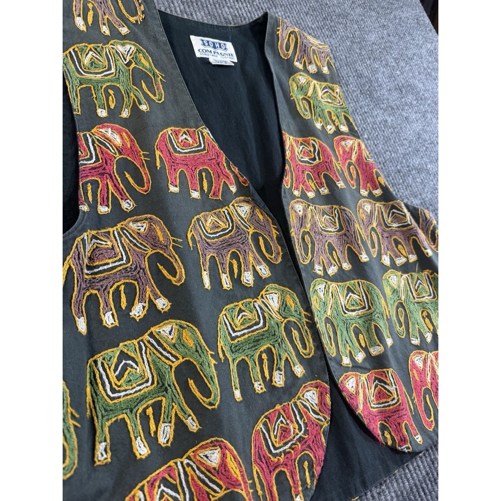 SOHO COMPAGNIE Black Multicolor Elephant Embroidered Vest Size M - Picture 3 of 8